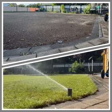 Oben trockener, brauner Boden; unten sprühendes Wasser auf grünem Gras.