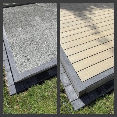 Vorher-nachher Vergleich eines Terrassenbelags: Beton neben Holzverkleidung.